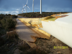 Fallen turbine blade at Kumeyaay Wind in Campo, built by Pattern Energy