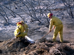 Firefighters douse smouldering embers in Potrero; photo by Miriam Raftery