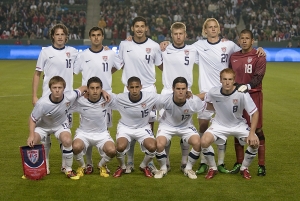 The Starting XI. Back row: 16-Mixx Diskerud, 11-Chris Wondolowski, 4-Omar Gonzalez, 5-Tim Ream, 21-Brek Shea. Front row: 10-Dax McCarty (capt.), 7-Alejandro Bedoya, 15-Sean Franklin, 12-Zach Loyd, 8-Jeff Larentowicz.