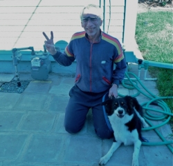 Harrison flashes victory sign after his win over SDG&E.